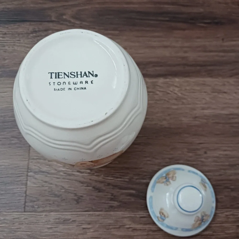 Tienshan Stoneware Teddy Bear Canister Jar with Lid Blue Bow Vintage Ceramic